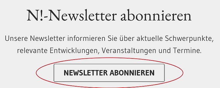 Ein Sreenshot zeigt die Navigationselemente im Footer zu den Newslettern der Nachhaltigkeitsstrategie. Rot umrandet ist der Button zur Anmeldung für die Newsletter..