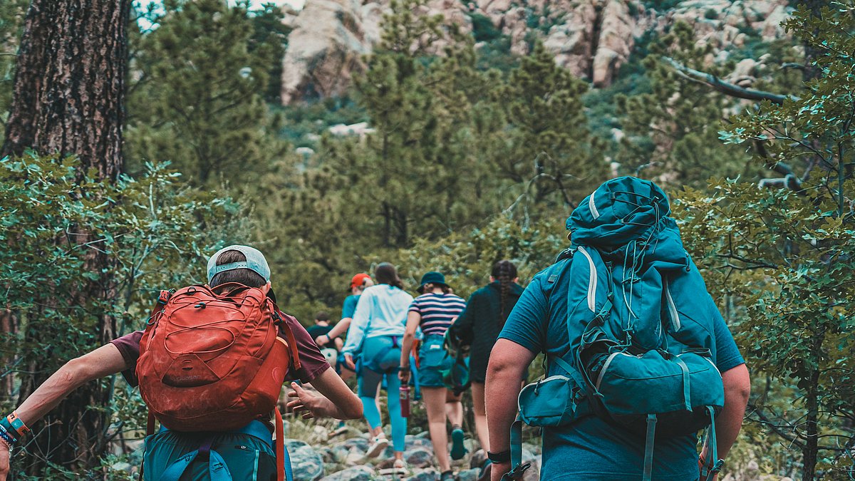 Gruppe von Wandernden mit Rucksäcken auf einem Waldpfad in bergiger Landschaft.