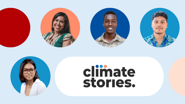 Grafik mit mehreren runden Porträtfotos von Personen auf farbigen Hintergründen; in der Mitte steht der Schriftzug „climate stories.“.