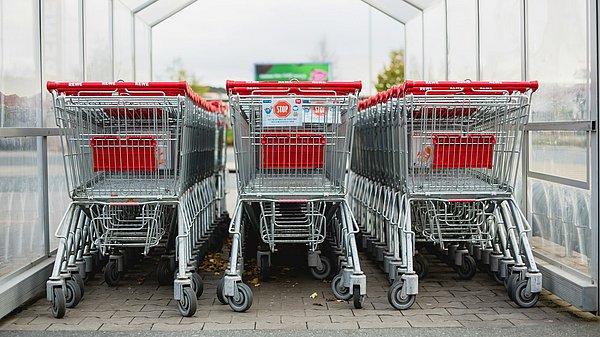 Mehrere Einkaufswägen stehen in Reihe unter einem Dach