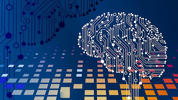 Stilisiertes Gehirn aus Leiterbahnen auf blauem Hintergrund, kombiniert mit farbigen Pixelmustern – Symbol für künstliche Intelligenz und digitale Technologie.