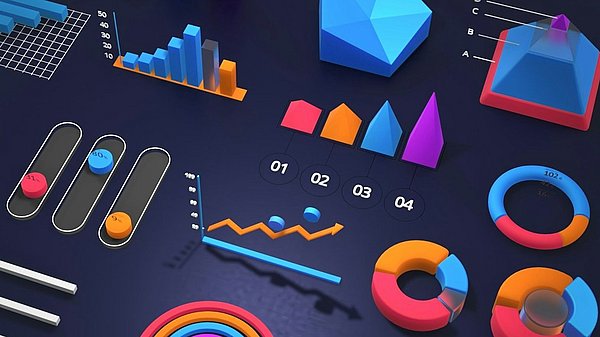 Bunte 3D-Diagramme und Infografiken mit verschiedenen Charts, Pfeilen und Kreisdiagrammen auf dunklem Hintergrund.