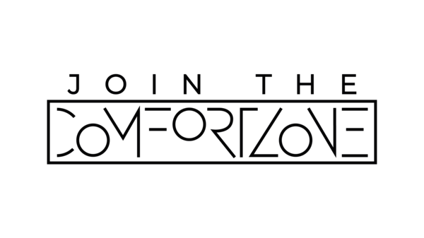 Minimalistisches schwarz‑weißes Design mit dem Schriftzug „JOIN THE COMFORT ZONE“, wobei „COMFORT ZONE“ in einem rechteckigen Rahmen stilisiert hervorgehoben ist.