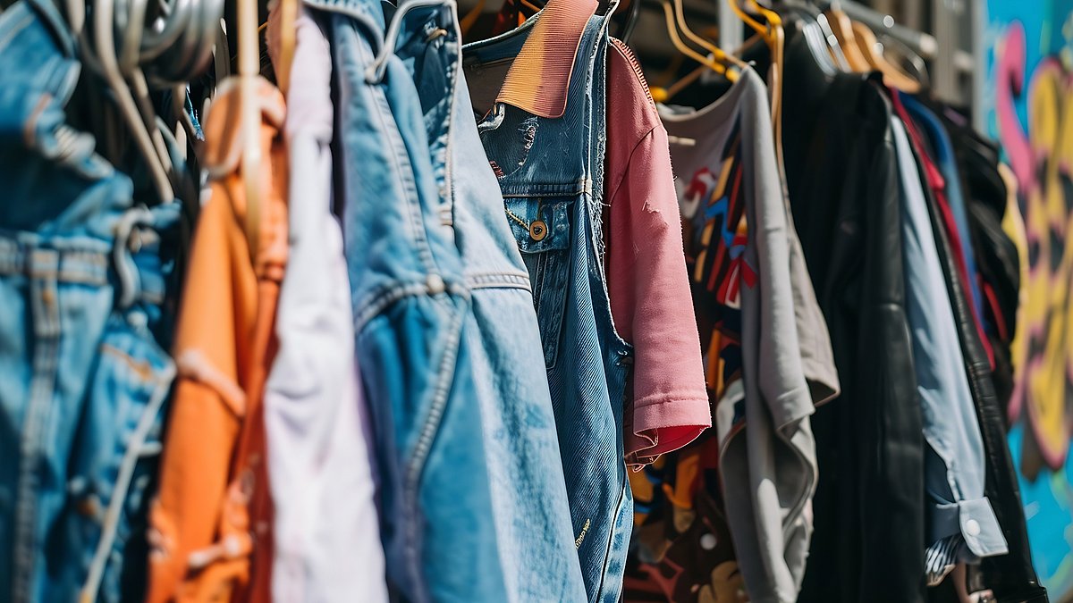 Nachhaltig online einkaufen Kleidung hängt auf einer Kleiderstange.