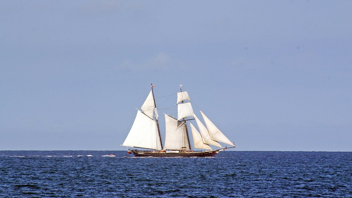 Traditionelles Segelschiff mit gesetzten weißen Segeln auf offener See. Das Schiff fährt auf ruhigem Wasser unter klarem Himmel und hebt sich deutlich vom Horizont ab.