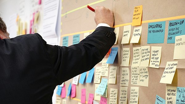 Person schreibt an ein Board mit vielen bunten Haftnotizen zur Projektplanung.